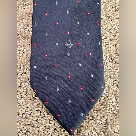 Vintage Christian Dior Logo Tie Navy w/Red and Blue Diamond Pattern - Picture 1 of 9